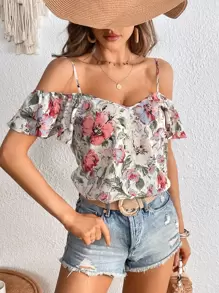 SHEIN VCAY Floral Print Cold Shoulder Blouse - White - View 4