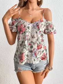 SHEIN VCAY Floral Print Cold Shoulder Blouse - White - View 6