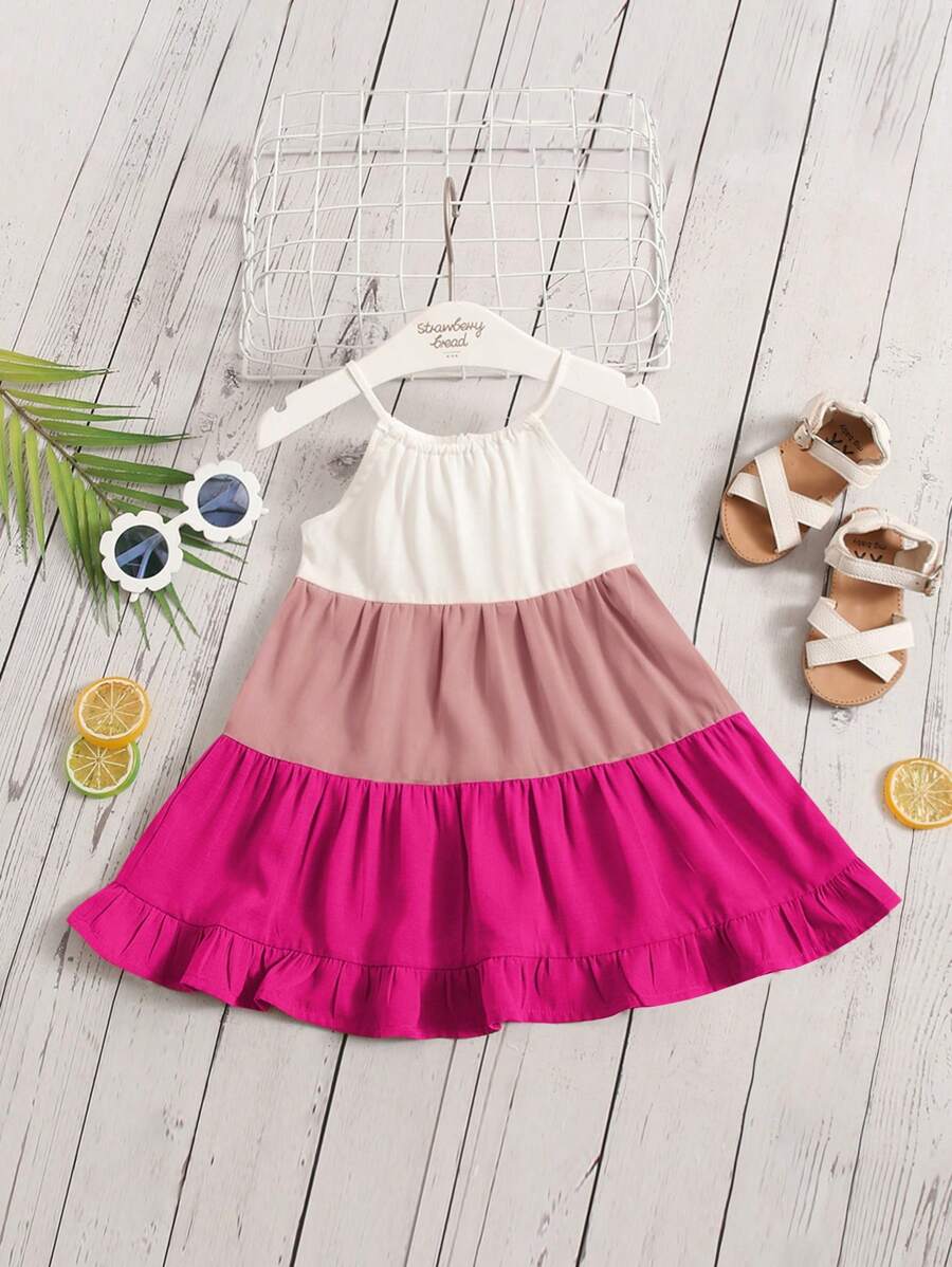 SHEIN Baby Girl Colorblock Ruffle Hem Cami Dress - Multicolor - View 1