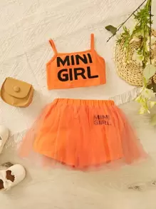 SHEIN Baby Girl Letter Graphic Cami Top & Mesh Overlay Shorts - Orange - View 1