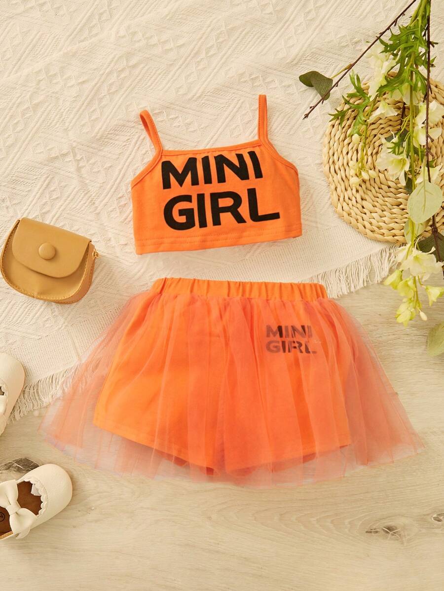 SHEIN Baby Girl Letter Graphic Cami Top & Mesh Overlay Shorts - Orange - View 1