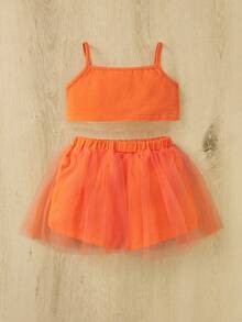 SHEIN Baby Girl Letter Graphic Cami Top & Mesh Overlay Shorts - Orange - View 2