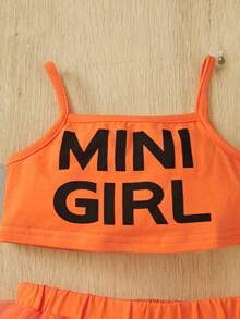 SHEIN Baby Girl Letter Graphic Cami Top & Mesh Overlay Shorts - Orange - View 3
