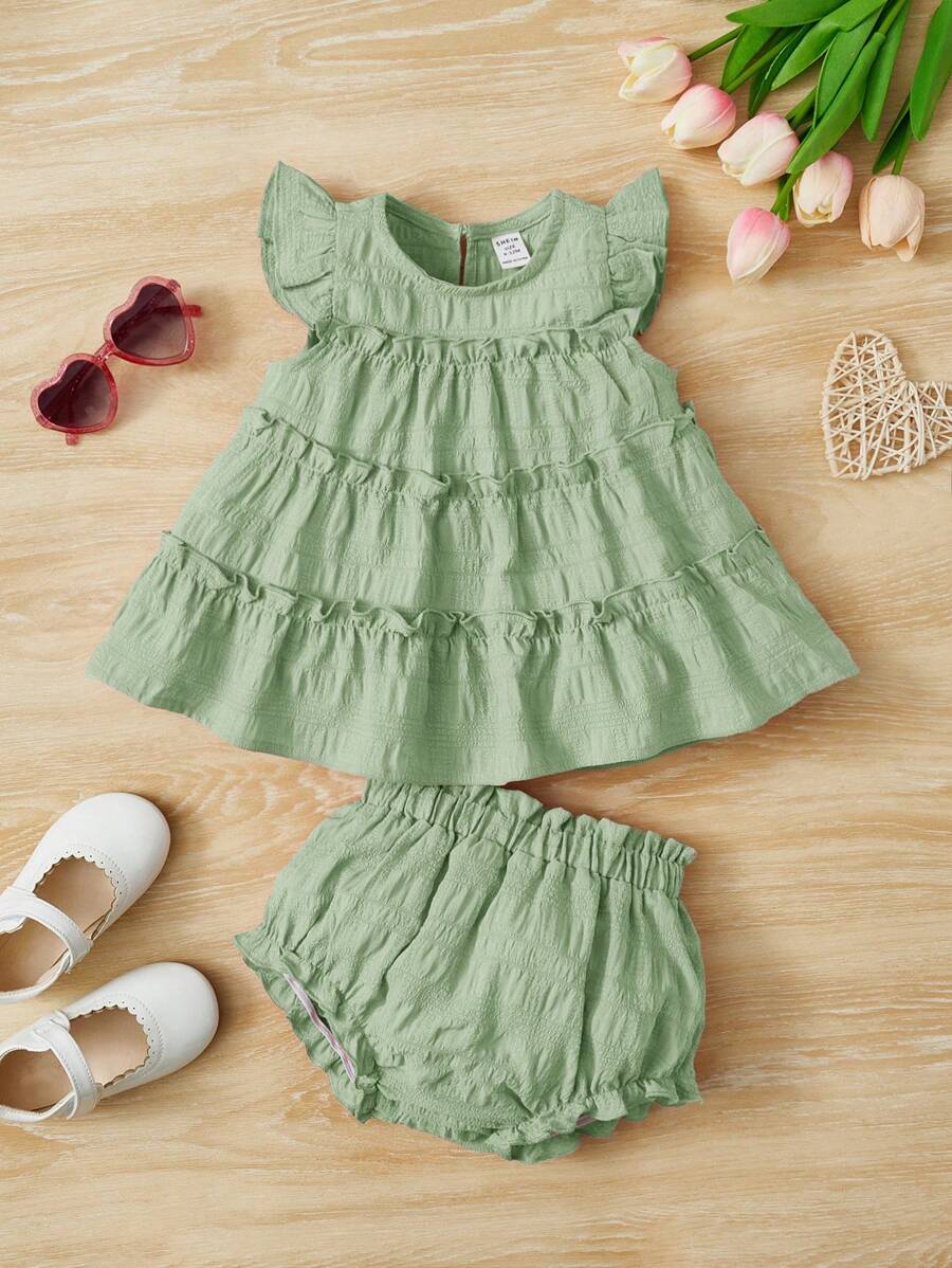 SHEIN 嬰兒褶邊後鎖孔上衣和短褲 - 薄荷綠 - 查看 1