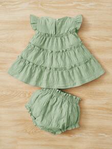 SHEIN 嬰兒褶邊後鎖孔上衣和短褲 - 薄荷綠 - 查看 2