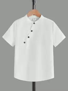 SHEIN Tween條約男童立領短袖襯衫,斜口袋設計 - 白色 - 查看 1