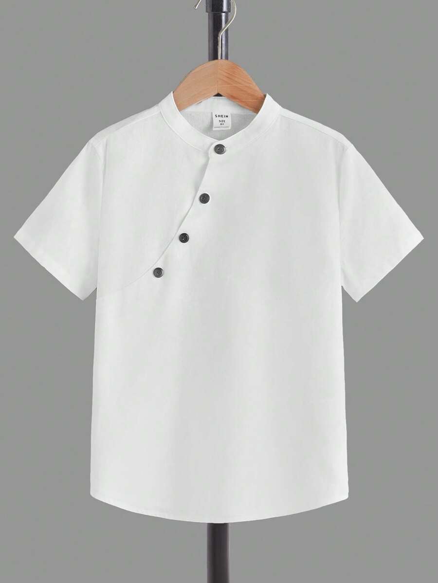 SHEIN Tween條約男童立領短袖襯衫,斜口袋設計 - 白色 - 查看 1