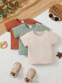 Bebé niño 3 piezas Camiseta unicolor de cuello redondo - Multicolor - Ver 1