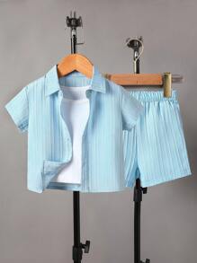 Baby Boy Solid Button Front Shirt & Shorts Without Tee - Baby Blue - View 1