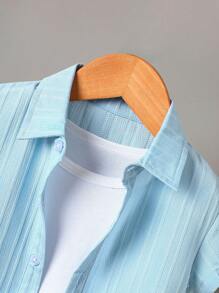 Baby Boy Solid Button Front Shirt & Shorts Without Tee - Baby Blue - View 3