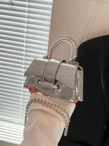 迷你方包金屬質感圖案鏈條帶 - 銀色 - 查看 2