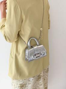 迷你方包金屬質感圖案鏈條帶 - 銀色 - 查看 5