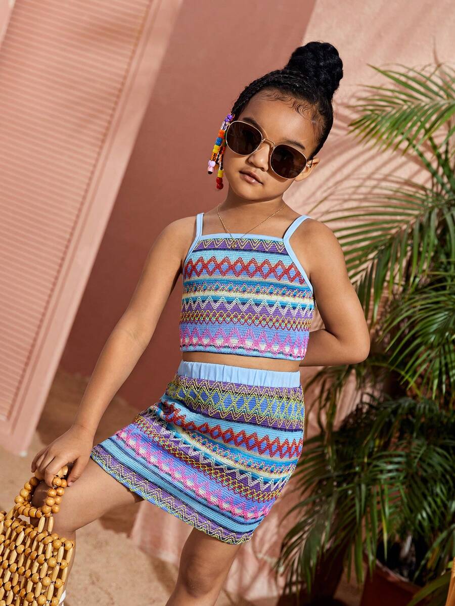 SHEIN 小女童幾何印花吊帶上衣和半身裙 - 彩色 - 查看 1