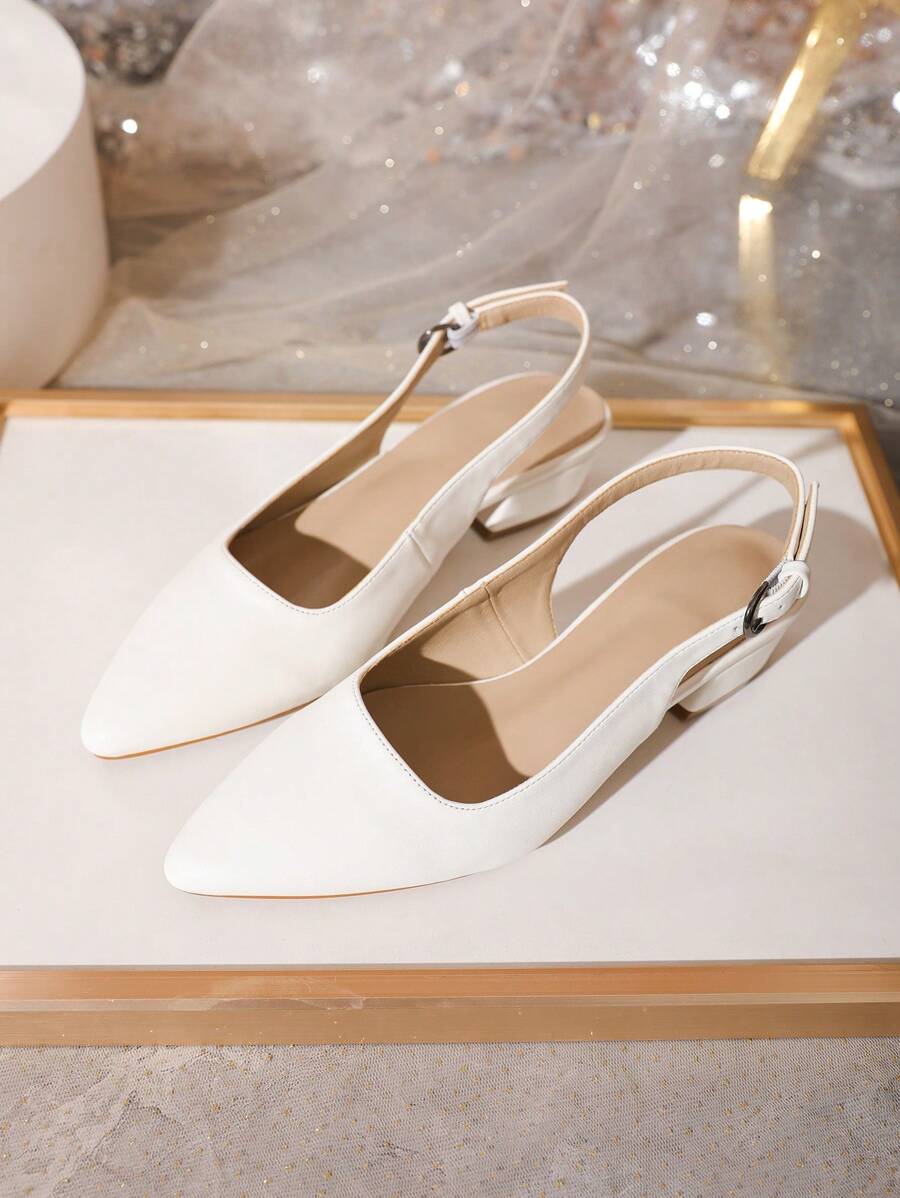 Elegant White Flats For Women, Stitch Detail Point Toe Slingback Flats - White - View 1