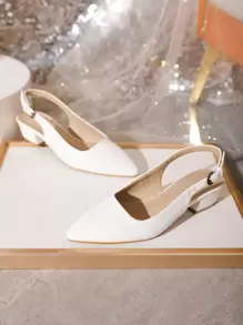 Elegant White Flats For Women, Stitch Detail Point Toe Slingback Flats - White - View 3