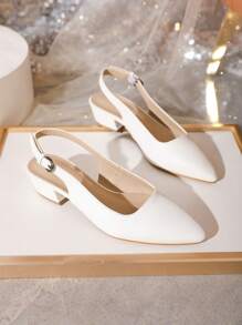 Elegant White Flats For Women, Stitch Detail Point Toe Slingback Flats - White - View 6