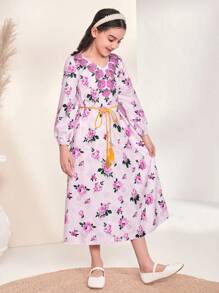 Đầm Gái Thắt lưng Hoa Tất cả trên in Boho - Màu Lilac Tím - Xem 5