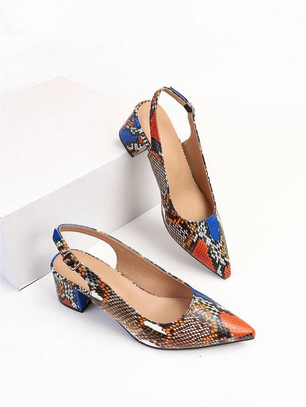 Funky Pumps For Women, Snakeskin Embossed Point Toe Chunky Heeled