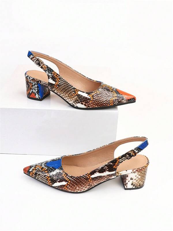 Funky Pumps For Women, Snakeskin Embossed Point Toe Chunky Heeled