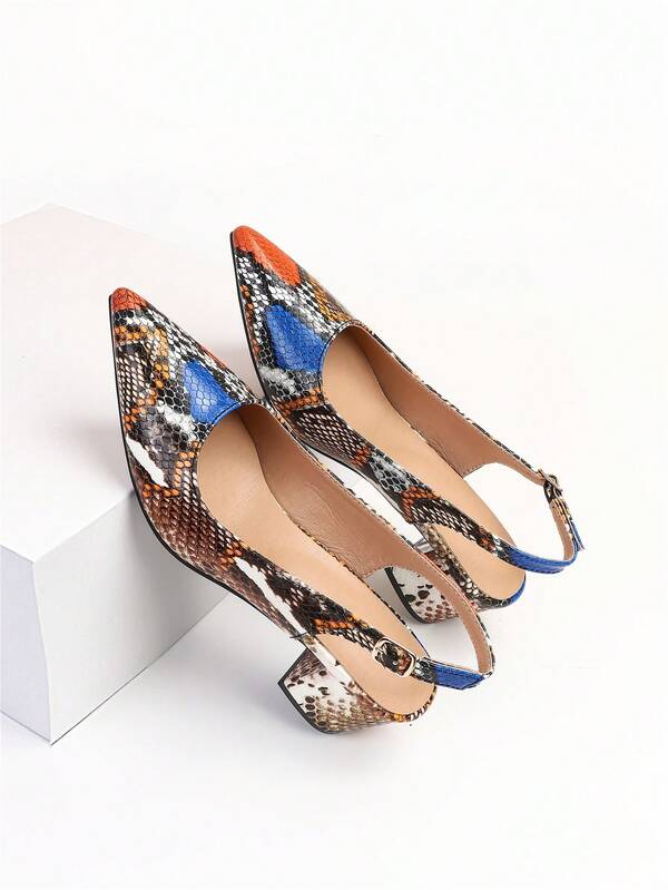 Funky Pumps For Women, Snakeskin Embossed Point Toe Chunky Heeled