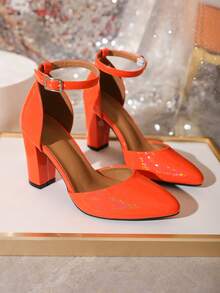 Funky Ankle Strap Pumps For Women, Neon Orange Chunky Heeled Pumps - Orange - View 6