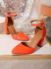 Funky Ankle Strap Pumps For Women, Neon Orange Chunky Heeled Pumps - Orange - View 7