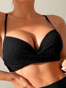 Conjunto de Biquíni de Verão de Cintura Alta e Push Up Sólido para Praia