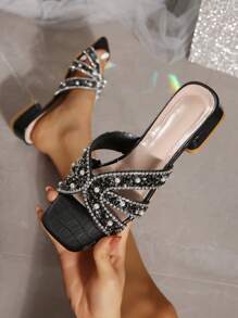 Women's Fashion Glamorous Sparkling Pearl Chain Studded Wide Base Thick Heel Square Toe Comfortable Slide Sandals - Black - View 5