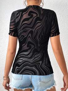 SHEIN Privé 大理石圖案木耳邊小高領網紗上衣不附文胸 - 黑色 - 查看 2