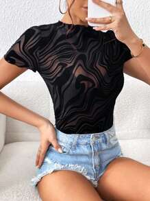 SHEIN Privé 大理石圖案木耳邊小高領網紗上衣不附文胸 - 黑色 - 查看 4