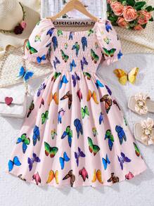 SHEIN Girls Butterfly Print Puff Sleeve Dress - Pink - View 1