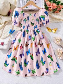 SHEIN Girls Butterfly Print Puff Sleeve Dress - Pink - View 2