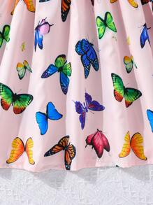 SHEIN Girls Butterfly Print Puff Sleeve Dress - Pink - View 3