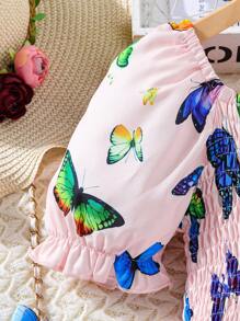 SHEIN Girls Butterfly Print Puff Sleeve Dress - Pink - View 4
