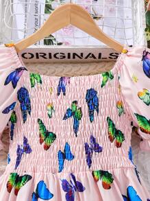 SHEIN Girls Butterfly Print Puff Sleeve Dress - Pink - View 6