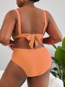 SHEIN Swim Curve 大尺碼純色高腰比基尼套裝夏季海灘 - 橘色 - 查看 2