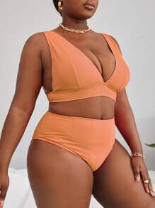 SHEIN Swim Curve 大尺碼純色高腰比基尼套裝夏季海灘 - 橘色 - 查看 4