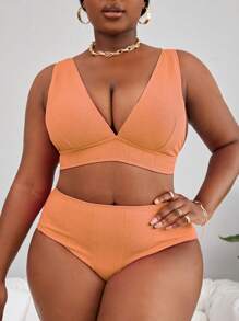 SHEIN Swim Curve 大尺碼純色高腰比基尼套裝夏季海灘 - 橘色 - 查看 3