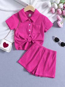 Young Girl Rose Red Solid Color City Street Style Lapel Regular Sleeve 2pcs/Set Outfit For Summer Vacation,Holiday,Summer,Travel, School, Campus, College - Hot Pink - View 3
