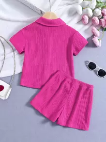 Young Girl Rose Red Solid Color City Street Style Lapel Regular Sleeve 2pcs/Set Outfit For Summer Vacation,Holiday,Summer,Travel, School, Campus, College - Hot Pink - View 2