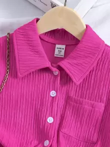 Young Girl Rose Red Solid Color City Street Style Lapel Regular Sleeve 2pcs/Set Outfit For Summer Vacation,Holiday,Summer,Travel, School, Campus, College - Hot Pink - View 6