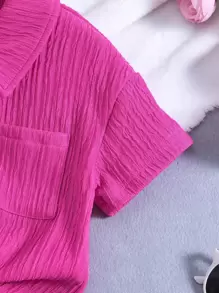 Young Girl Rose Red Solid Color City Street Style Lapel Regular Sleeve 2pcs/Set Outfit For Summer Vacation,Holiday,Summer,Travel, School, Campus, College - Hot Pink - View 8