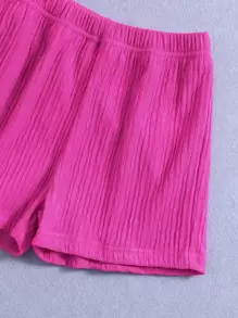 Young Girl Rose Red Solid Color City Street Style Lapel Regular Sleeve 2pcs/Set Outfit For Summer Vacation,Holiday,Summer,Travel, School, Campus, College - Hot Pink - View 9