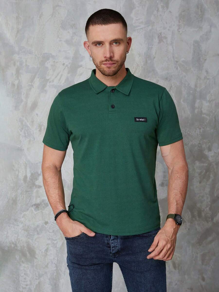 RueChic Men Slogan Patched Detail Polo Shirt - Green - View 1