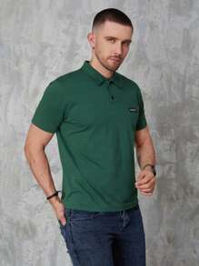 RueChic Men Slogan Patched Detail Polo Shirt - Green - View 5