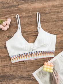 SHEIN Swim 鋸齒紋拼接織帶前扭結吊帶比基尼泳裝上衣 - 米色 - 查看 4