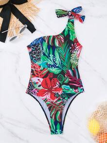 Tropical & Floral Print One Shoulder One Piece Swimsuit - Green - View 4