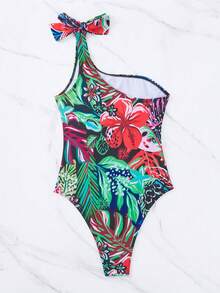 Tropical & Floral Print One Shoulder One Piece Swimsuit - Green - View 2