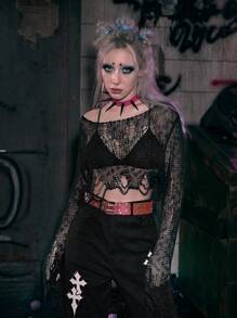 ROMWE Grunge Punk Solid Hollow Out Crop Sweater - Black - View 1