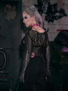 ROMWE Grunge Punk Solid Hollow Out Crop Sweater - Black - View 2